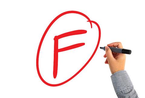 hand writing a big red F in a circle