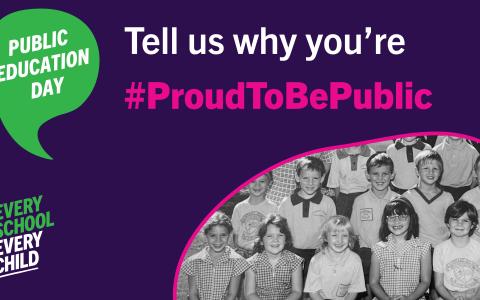 Photo of students with text asking viewed to tell us why your #proudtobepublic